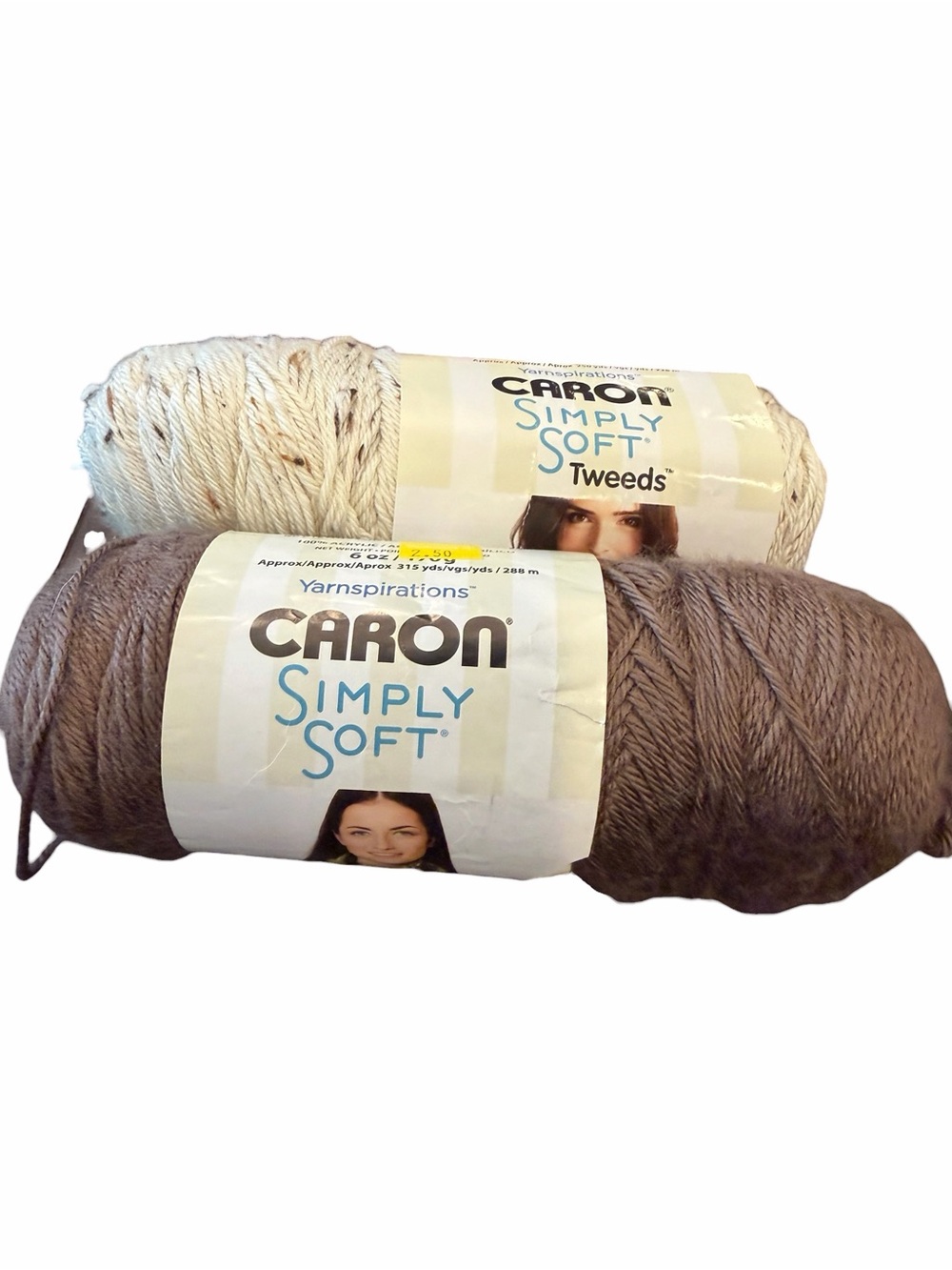 Mixed Lot Of 2 Yarn Skeins Caron Simply Soft Taupe Brown Tweeds Off White